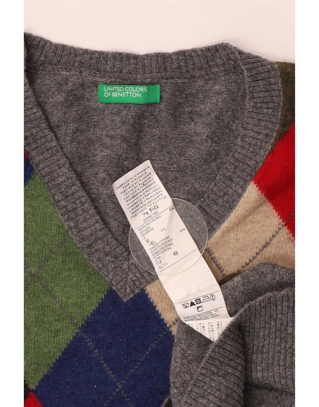Benetton Jersey Con Cuello En V Gris Medio Argyle/Lana Diamante