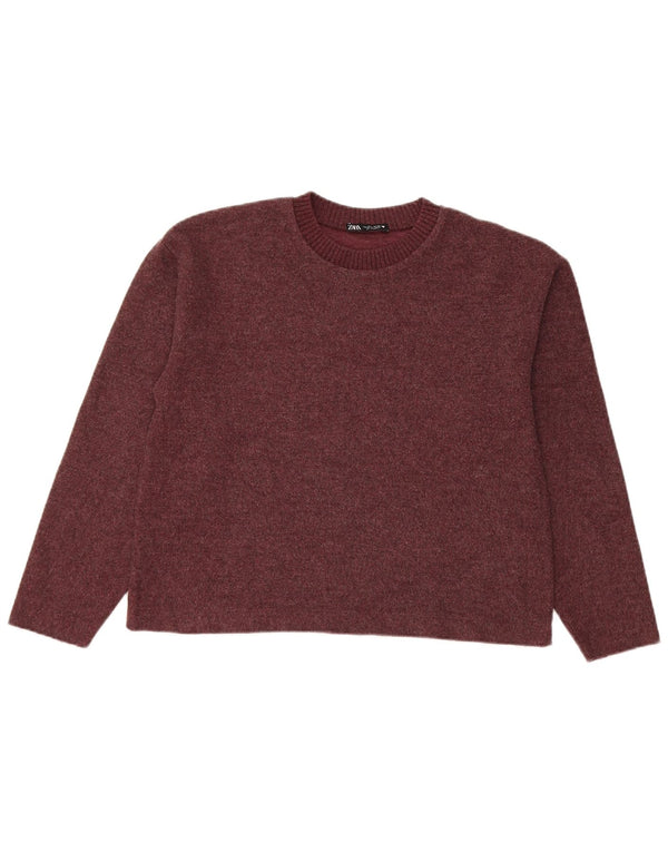 Zara Mujer Crop Crew Neck Jumper Sweater UK 10 Small Borgoña