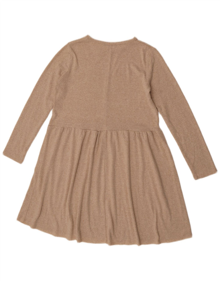 Zara Mujer Vestido Acampanado De Manga Larga UK 42 Poliéster Moteado Beige Medio