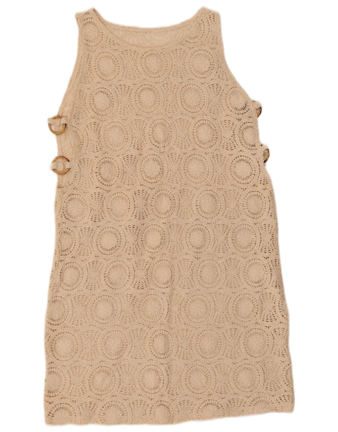 VINTAGE Mujer Crochet Sin Mangas Vestido Reino Unido 10 Pequeño Algodón Beige