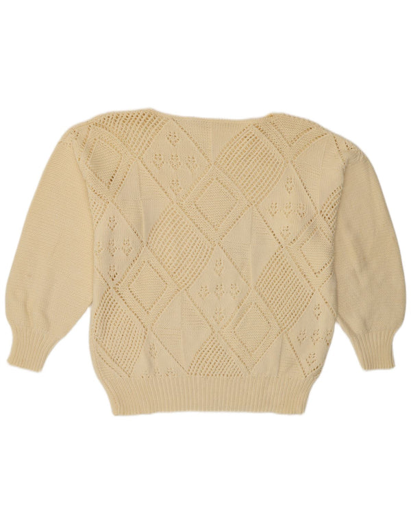 Vintage hombres barco cuello jumper suéter Reino Unido 16 grande de blanco Argyle/Diamond