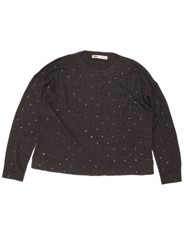 Zara Mujer Crop Crew Neck Jumper Sweater UK 10 Small Gris Manchado