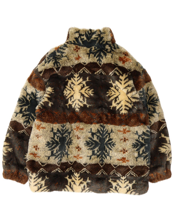 Vintage mujer suelta ajuste piel sintética abrigo EU 46 XL marrón Fair Isle Modacryl