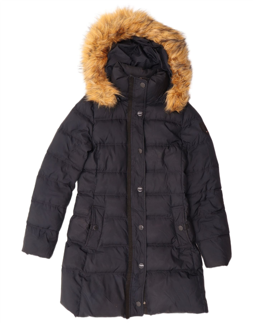 TOMMY HILFIGER Abrigo acolchado con capucha para mujer UK 10 Small Poliéster azul marino