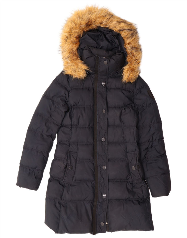 TOMMY HILFIGER Abrigo acolchado con capucha para mujer UK 10 Small Poliéster azul marino