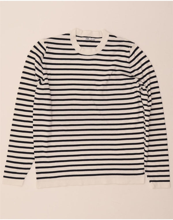 ZARA Hombre Top Manga Larga Algodón Rayas Blanco Pequeño