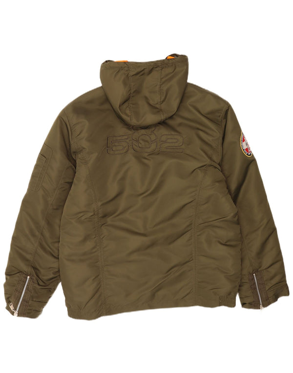 Vintage hombres gráfico con capucha chaqueta acolchada Reino Unido 44 2XL Khaki Nylon