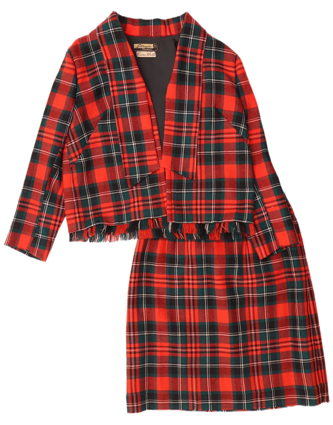 VINTAGE Conjunto de falda de 2 piezas para mujer EU 42 Grande W28 L23 Lana a cuadros rojos