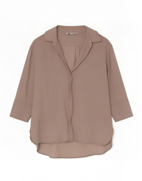 Zara Mujer Camisa Sobrecamisa Manga 3/4 UK 6 XS Beige Lino