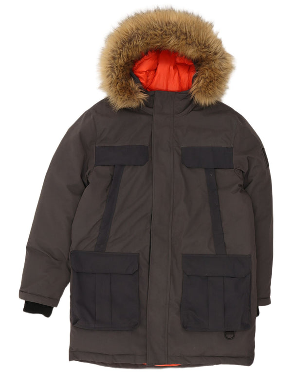 Superdry Abrigo acolchado y holgado con capucha para hombre, talla 36, nailon gris pequeño