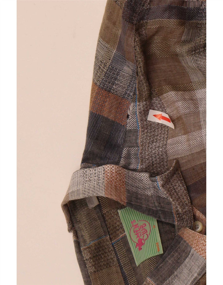 Vintage hombres camisa de manga corta grande marrón cuadros
