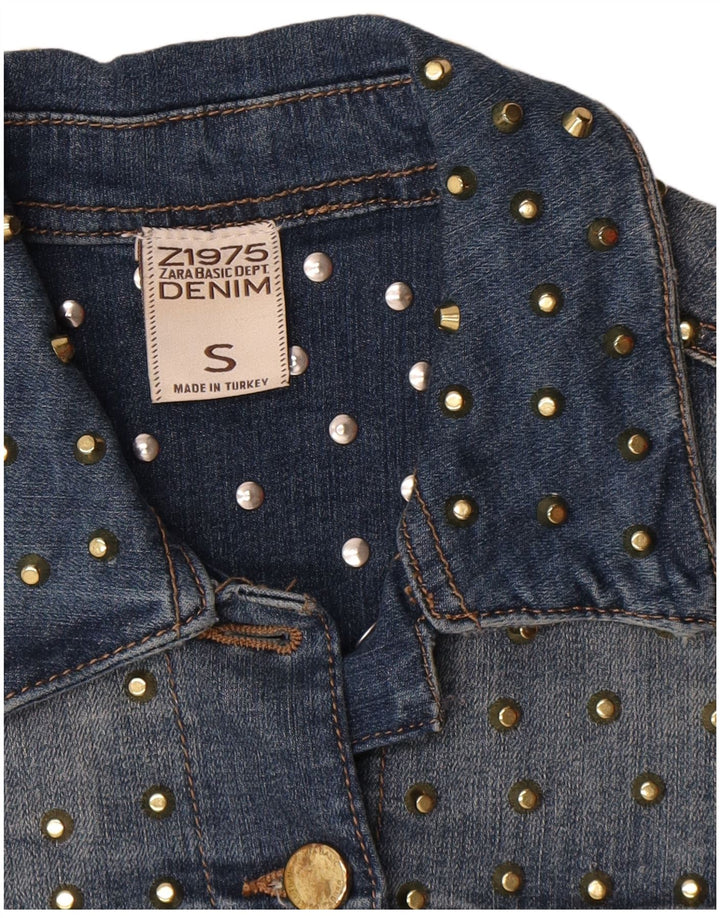 Zara Mujer Crop Denim Chaqueta UK 10 Small Azul Algodón