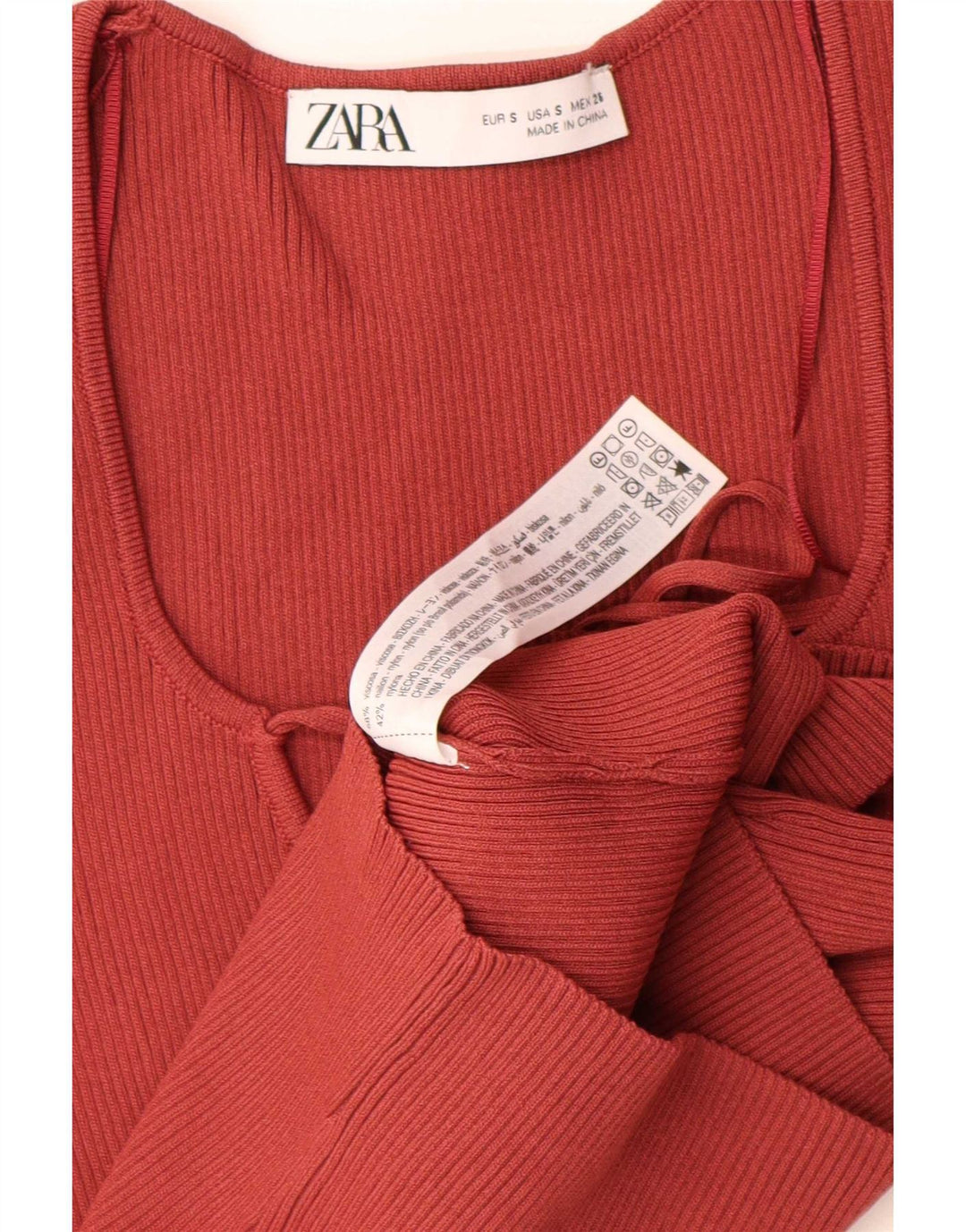 Zara Mujer Crop Top Manga Larga UK 8 Small Viscosa Roja
