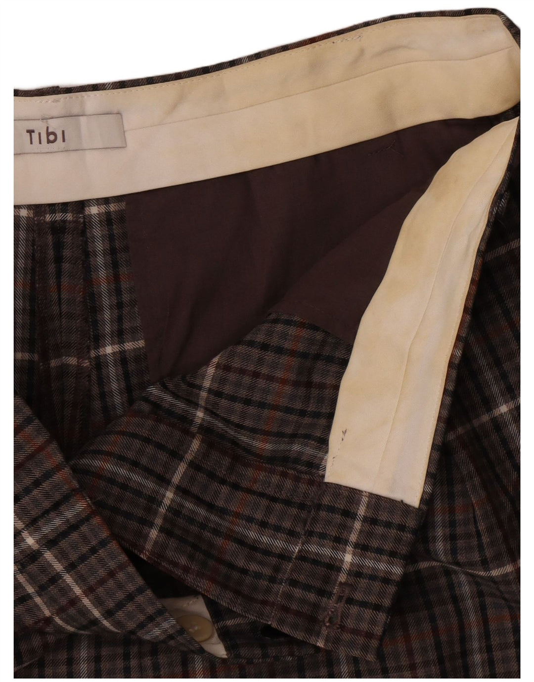 Tibi Pantalones cortos chinos de cintura alta para mujer W32 Poliéster a cuadros marrón medio