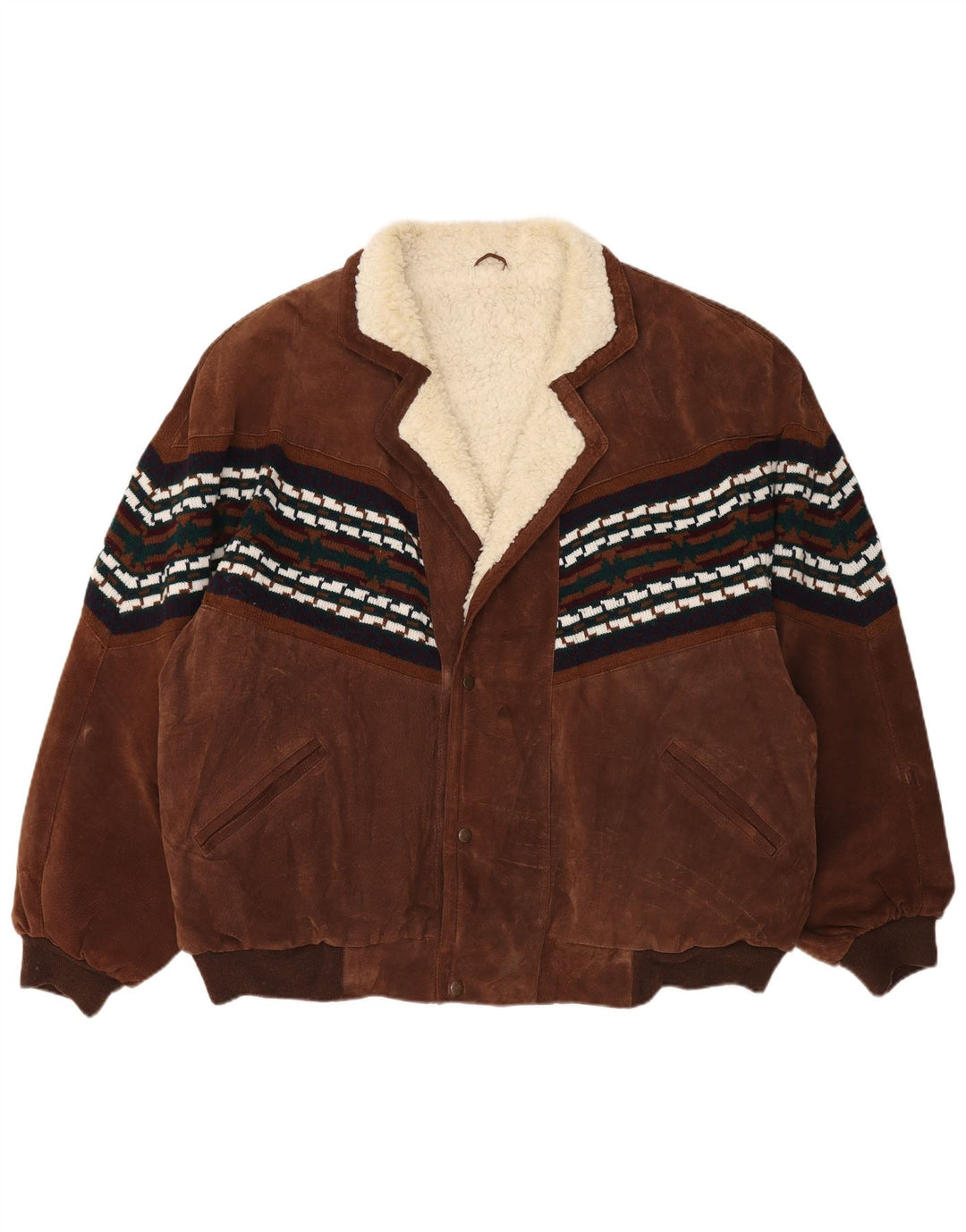 Vintage hombres Sherpa chaqueta suelta ajuste Reino Unido 44 2XL marrón cuero geométrico