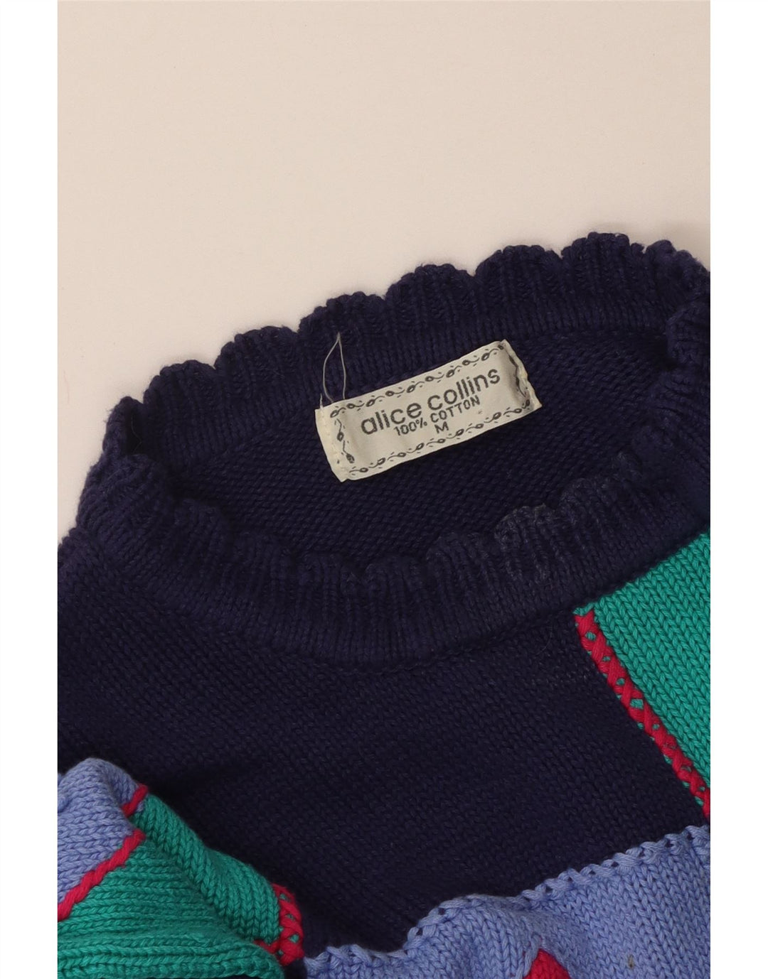 VINTAGE Mujer Crew Neck Jumper Suéter Reino Unido 14 Medio Azul Marino Patchwork