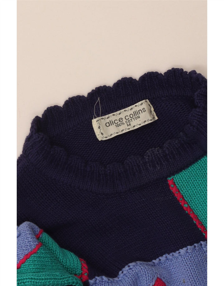 VINTAGE Mujer Crew Neck Jumper Suéter Reino Unido 14 Medio Azul Marino Patchwork