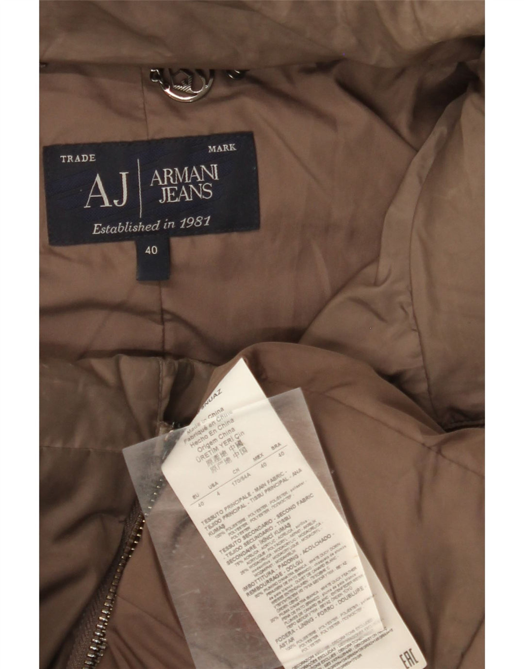 ARMANI JEANS Chaqueta acolchada con capucha para mujer IT 40 Small Marrón Poliéster