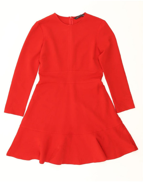 ZARA Vestido acampanado de manga larga para mujer ES 40 Mediano Rojo Poliéster