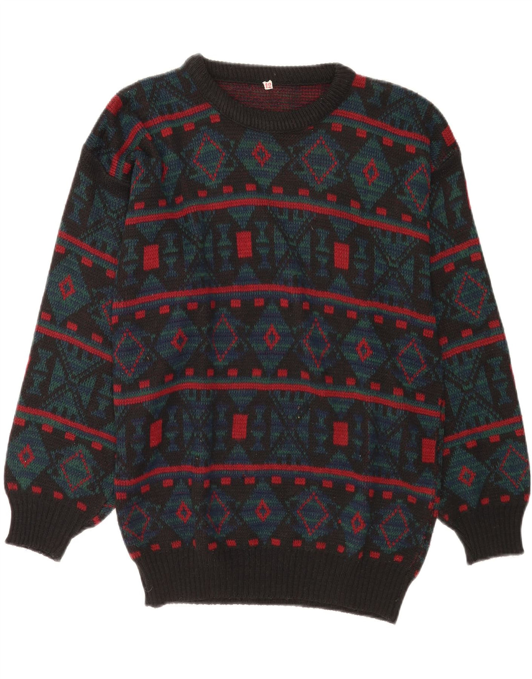 Vintage hombres cuello redondo jersey suéter medio gris geométrico