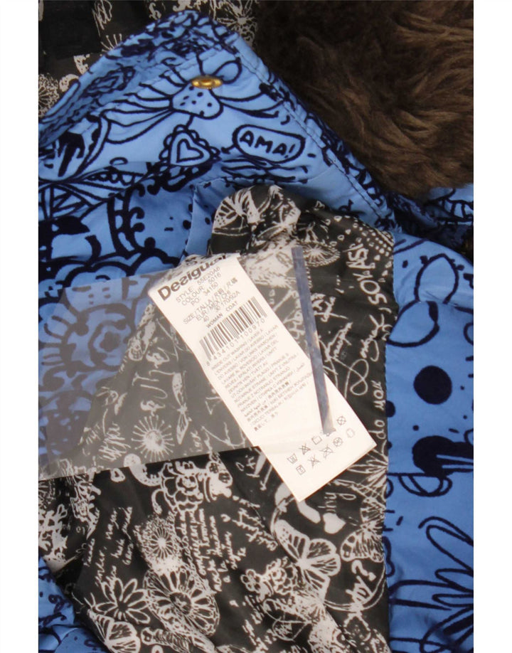 Desigual Mujer Abrigo acolchado con capucha EU 40 Poliéster floral azul medio