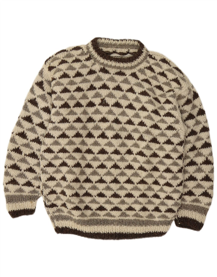Vintage hombres cuello redondo jersey suéter medio apagado blanco geométrico
