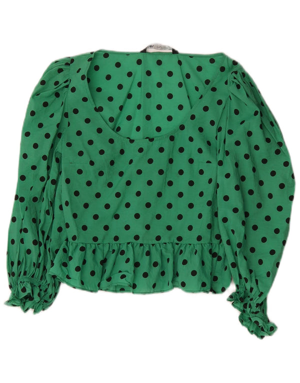 Zara Mujer Blusa De Manga Larga Top UK 10 Small Verde Lunares