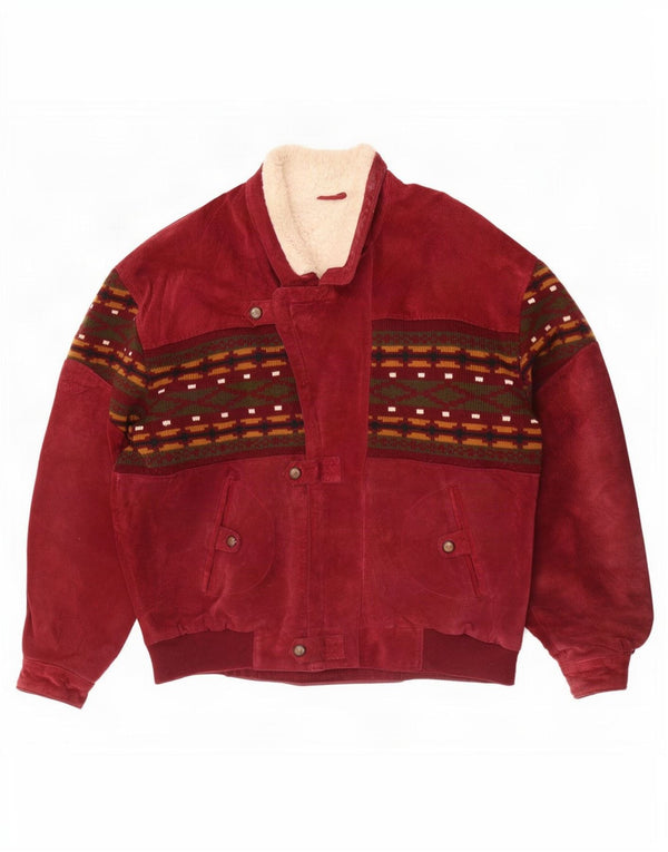 Vintage hombres Sherpa ante chaqueta Reino Unido 42 XL Maroon Fair Isle