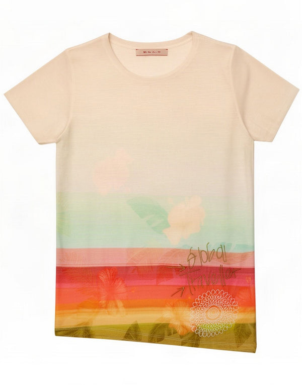 Desigual Mujer Camiseta Gráfica Top UK 12 Medio Blanco Floral Poliéster