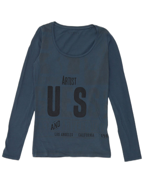 Guess Mujer Artista Gráfico Top Manga Larga UK 6 XS Algodón Azul