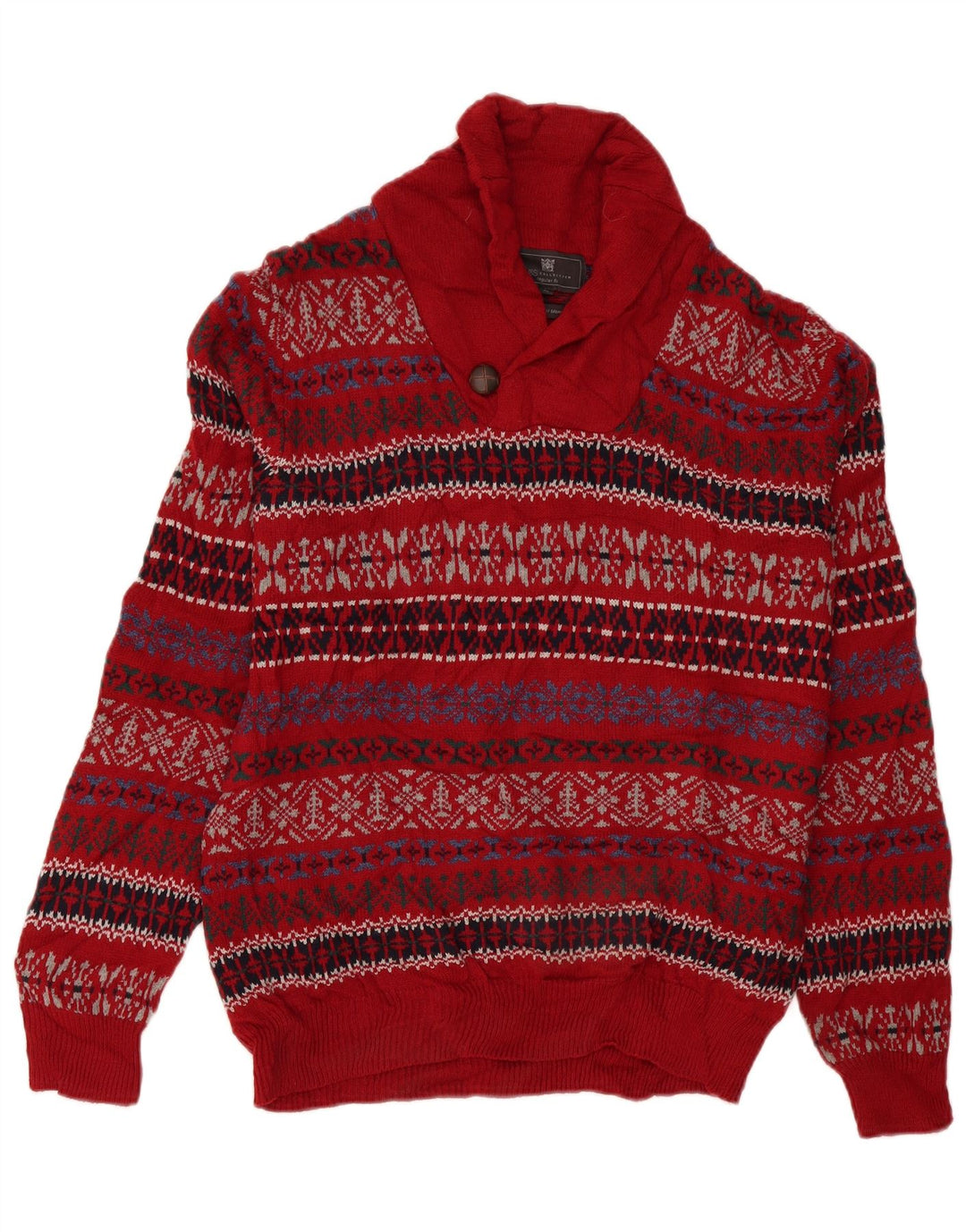 Marks & Spencer Suéter tipo jersey con cuello chal para hombre, color rojo medio, Fair Isle