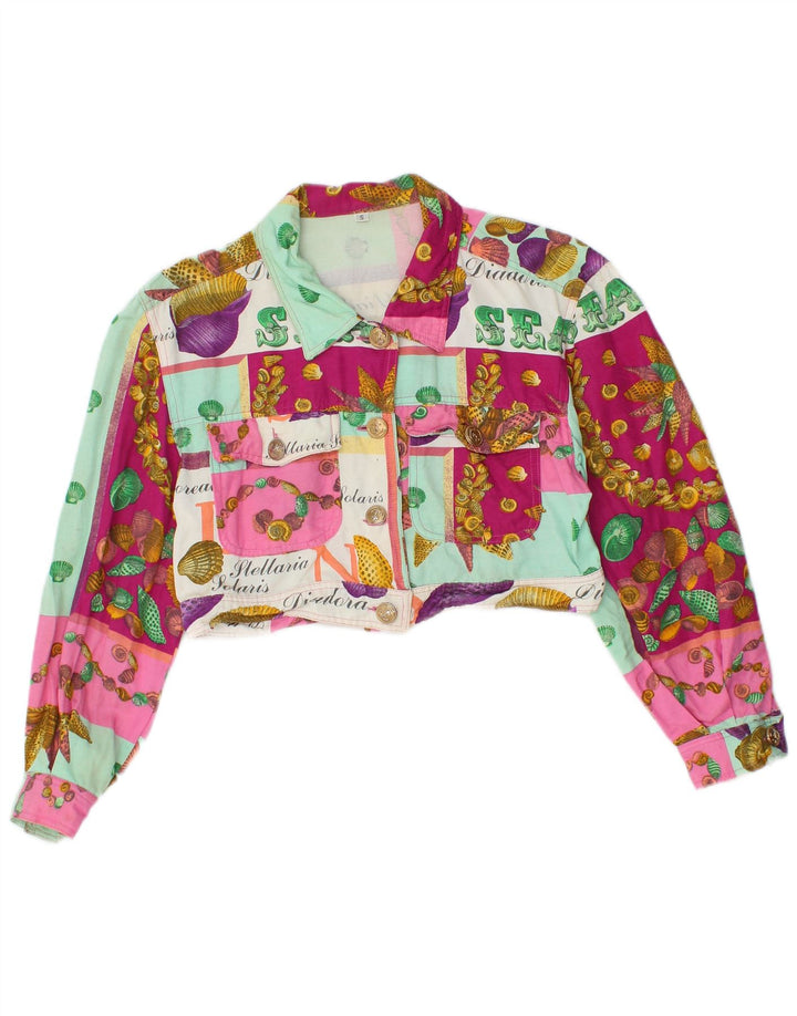 Vintage mujer gráfica bolero chaqueta Reino Unido 10 pequeña viscosa multicolor
