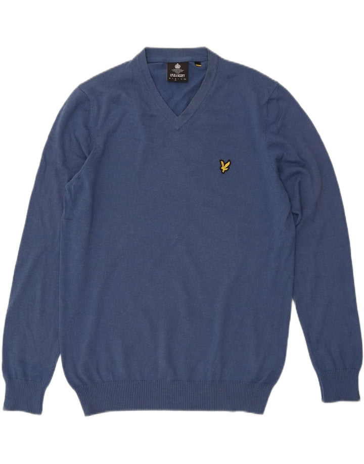 Lyle & Scott Jersey con cuello en V para hombre de algodón azul medio