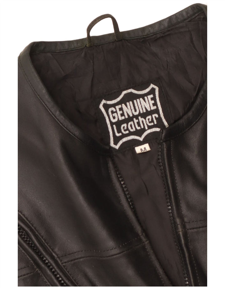 Vintage hombres cuero Gilet Reino Unido 38 cuero negro medio