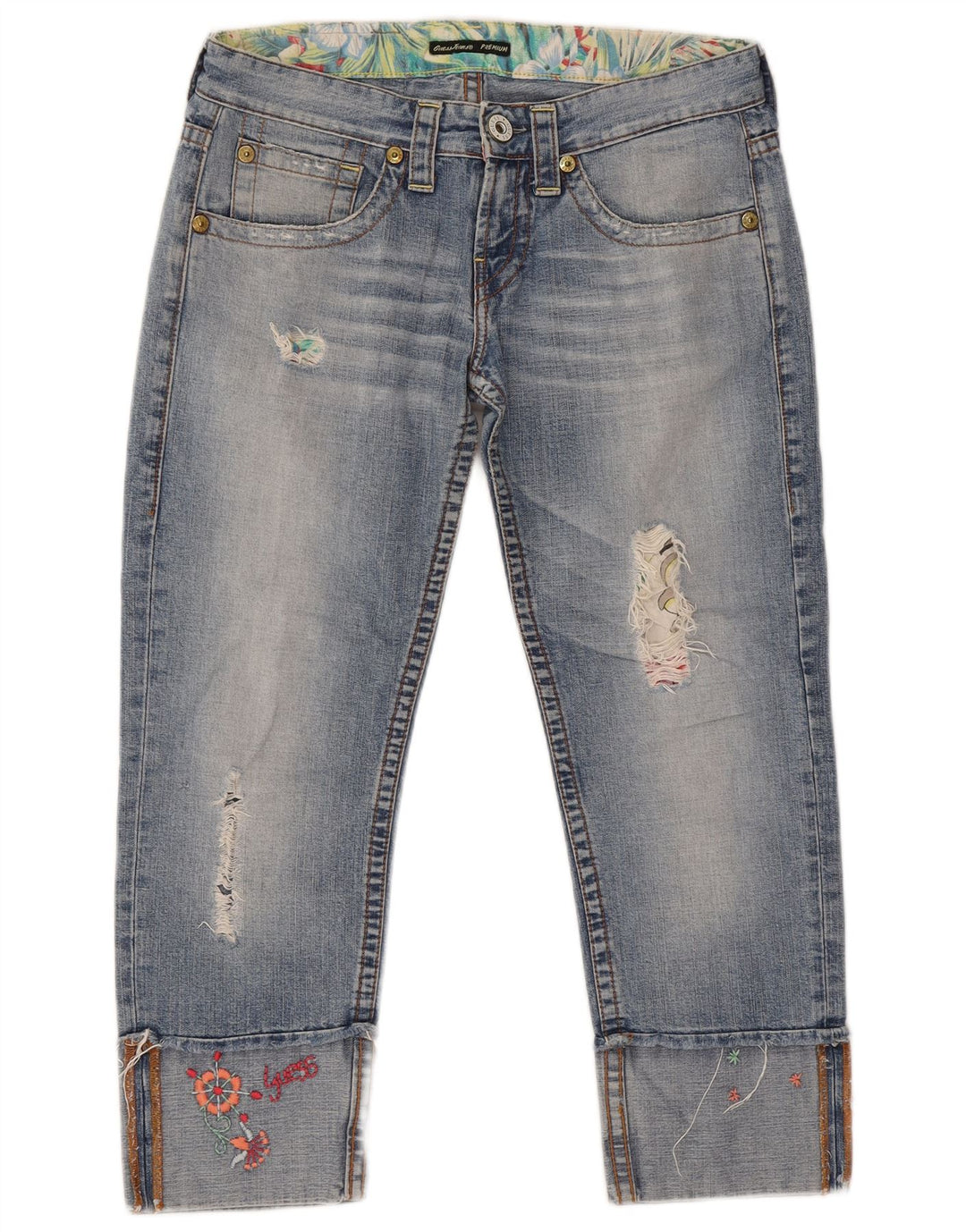 Guess Vaqueros Cropped Desgastados Mujer W28 L24 Algodón Azul