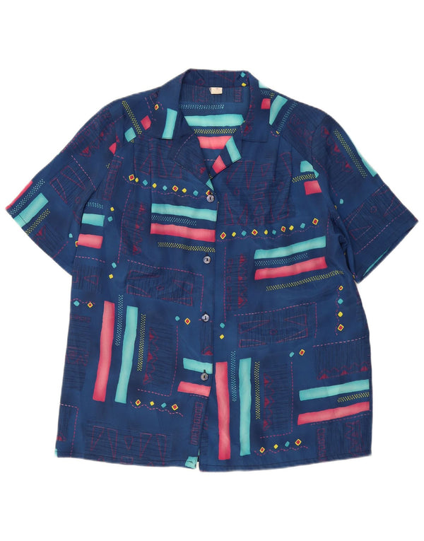 Camisa Vintage Mujer Manga Corta IT 54 2XL Azul Marino Geométrico