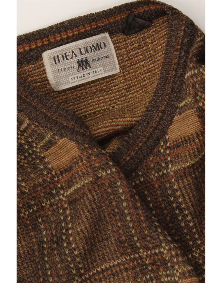 Vintage hombres cuello redondo jersey suéter grande marrón cheque