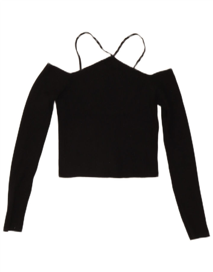 Zara Top corto de manga larga con hombros descubiertos para mujer UK 42 Viscosa negra mediana
