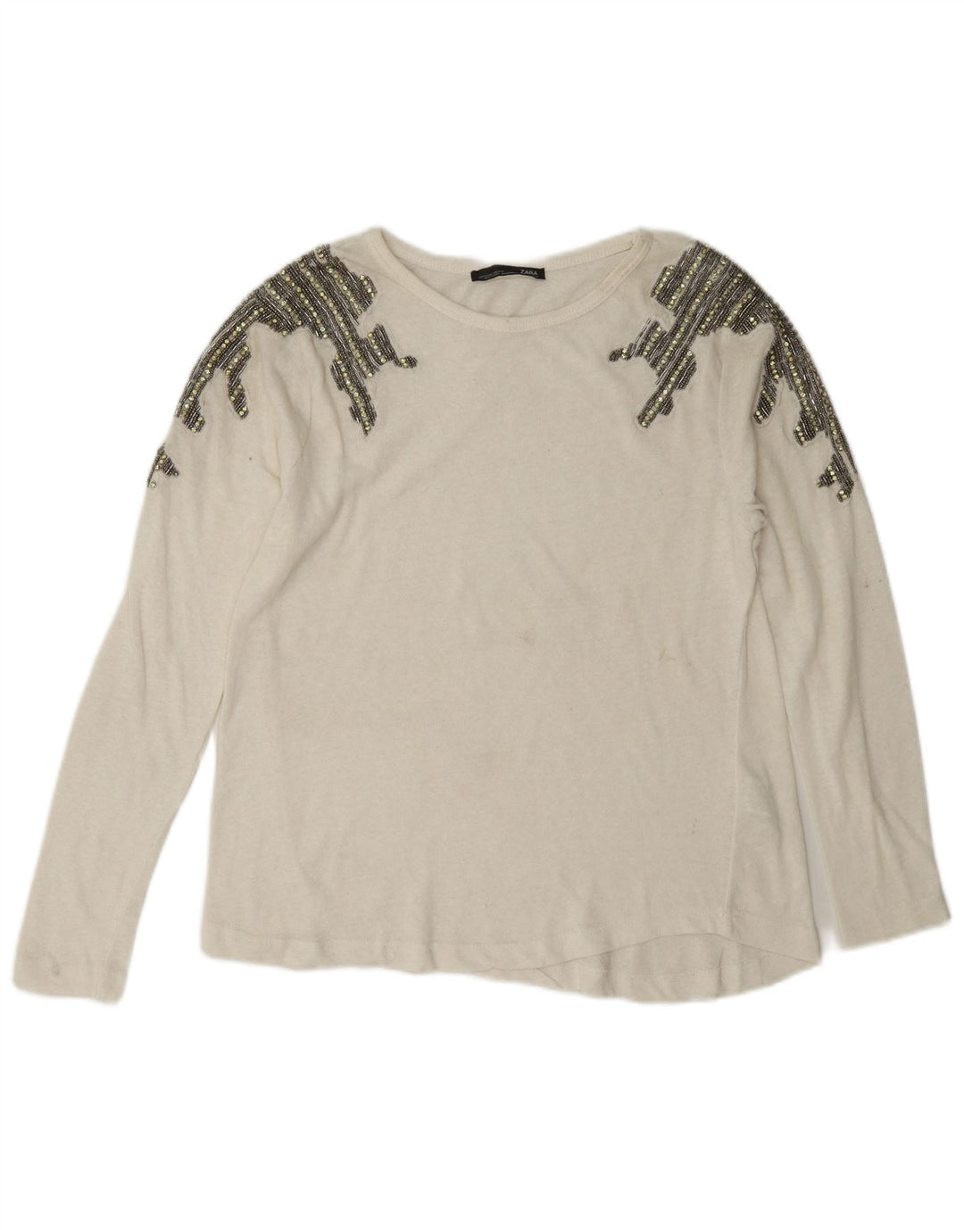 Zara Mujer Top Manga Larga UK 10 Small Algodón Blanco