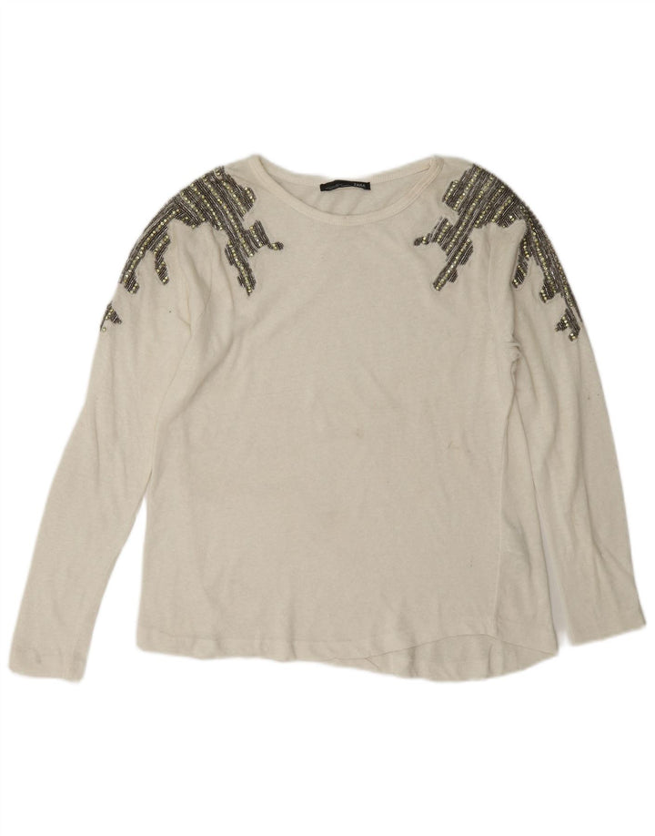 Zara Mujer Top Manga Larga UK 10 Small Algodón Blanco