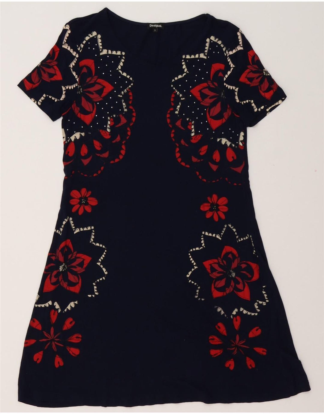 DESIGUAL Vestido acampanado gráfico para mujer UK 10 Small Azul marino Floral