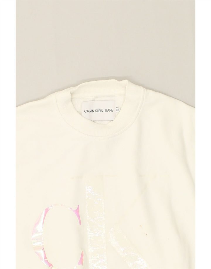 CALVIN KLEIN Womens Graphic Crew Neck Jumper Sweater UK 6 XS White Cotton | Vintage Calvin Klein | Thrift | Second-Hand Calvin Klein | Used Clothing | Messina Hembry 
