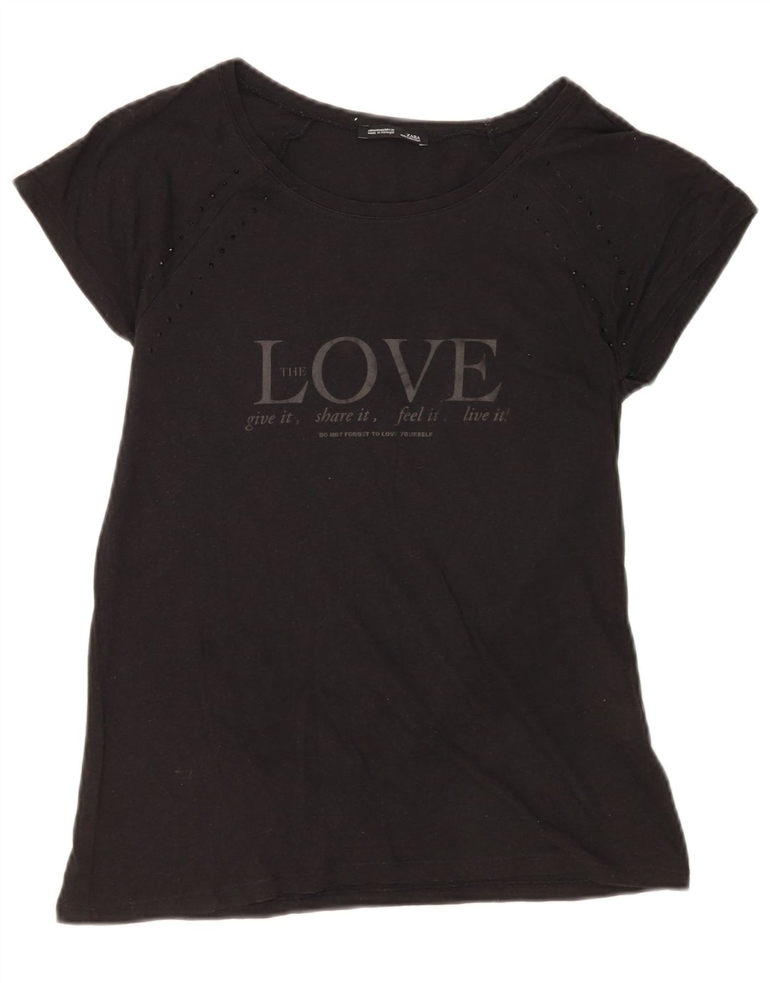 Zara Mujer Camiseta Gráfica Top UK 12 Medium Negro Algodón