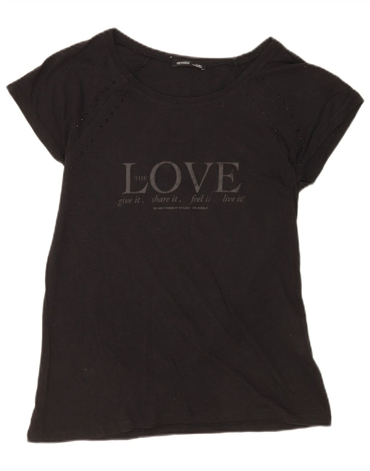 Zara Mujer Camiseta Gráfica Top UK 12 Medium Negro Algodón