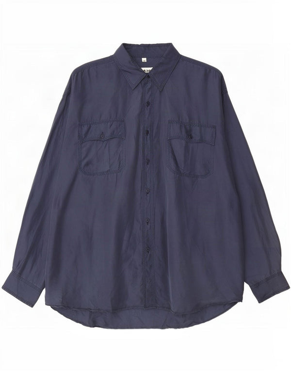 Camisa Vintage Hombre XL Seda Azul Marino