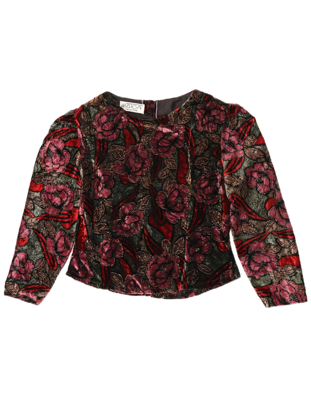 Vintage mujer manga larga blusa Top Reino Unido 14 medio multicolor floral
