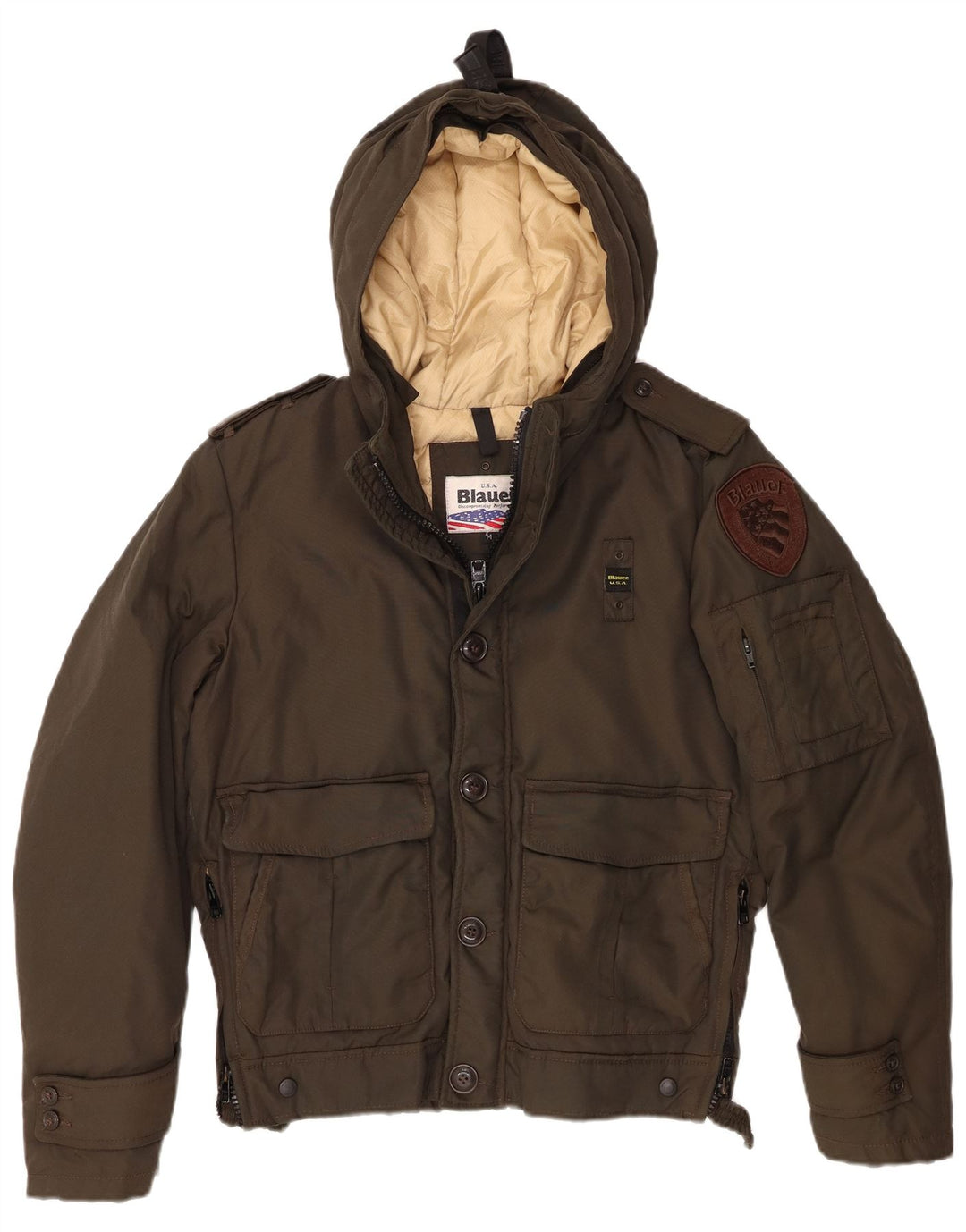 Blauer Chaqueta Acolchada Militar con Capucha para Mujer UK 14 Medium Khaki Nylon