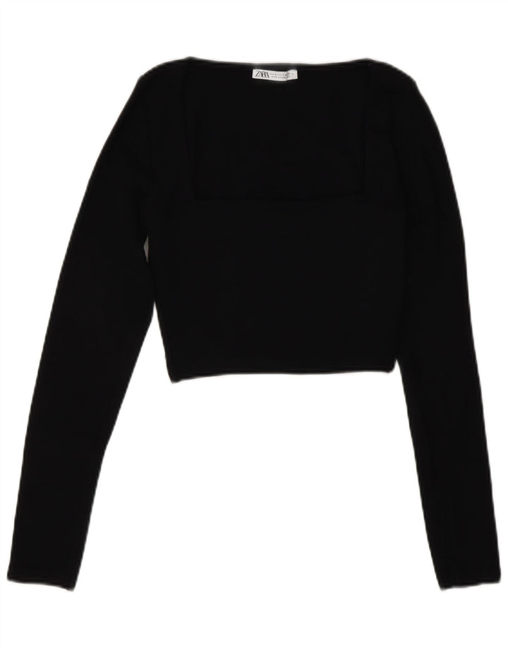 Zara Mujer Crop Top Manga Larga UK 8 Small Algodón Negro