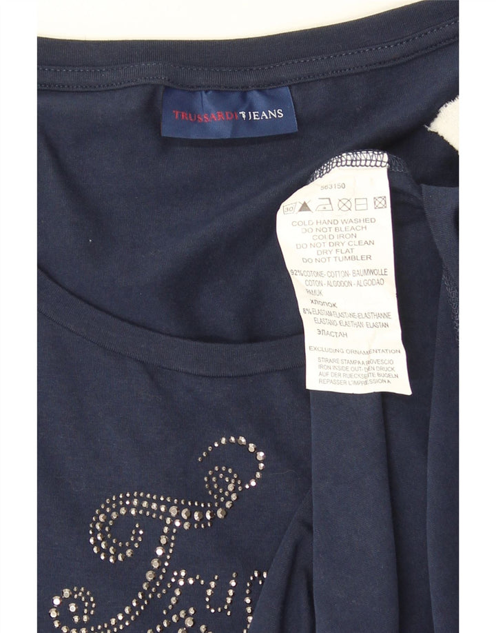 Trussardi Jeans Mujer Gráfico Top Manga Larga UK 42 Medio Azul Marino