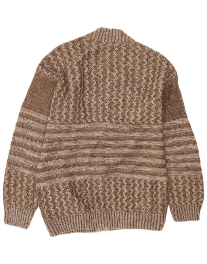 Vintage hombres gráfico cardigan suéter grande marrón patchwork lana